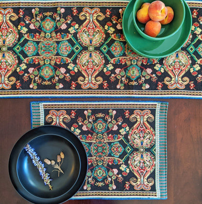 Black Ornate Paisley Woven Tapestry Placemat Set