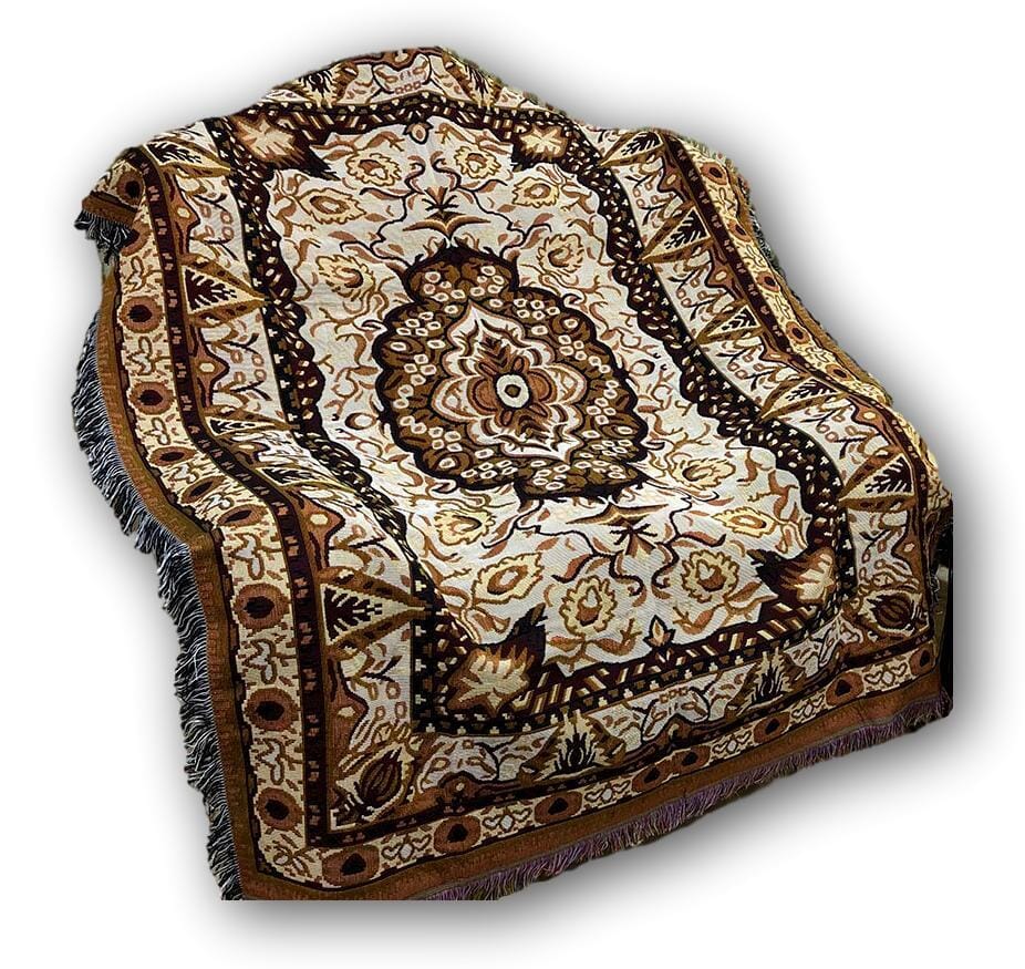 Tapestry Throw Blanket, Golden Persian Style Rug Ornate Floral - 50” x 60”
