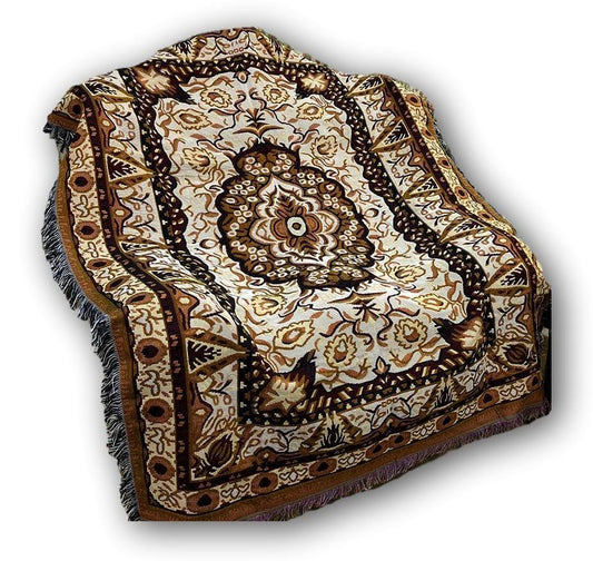 Tapestry Throw Blanket, Golden Persian Style Rug Ornate Floral - 50” x 60”