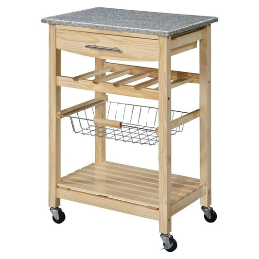 Natural Wood Kitchen Island Cart with Granite Top