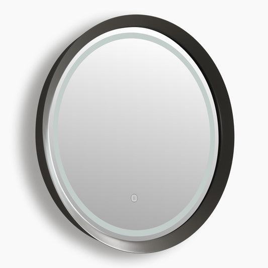 Columba Round LED Bathroom Mirror with Lights, Frosted Grey Metal Framed LED Mirror for Bathroom, 3 Colors and Stepless Dimmable Flared Frame Bathroom Vanity Mirror, Anti-Fog