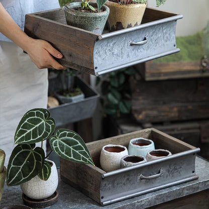 Rustic Wood and Metal Garden Tray Planter