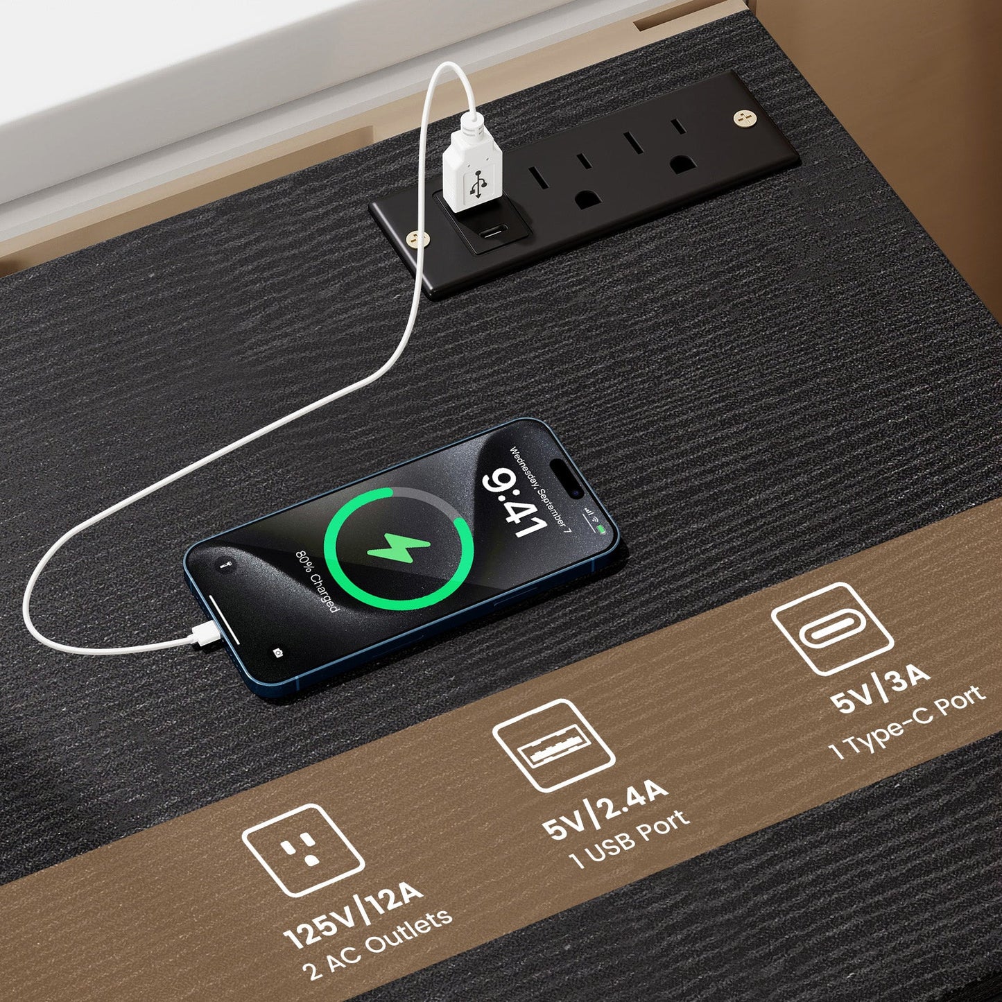 Nightstand with Charging Station & 3 Drawers