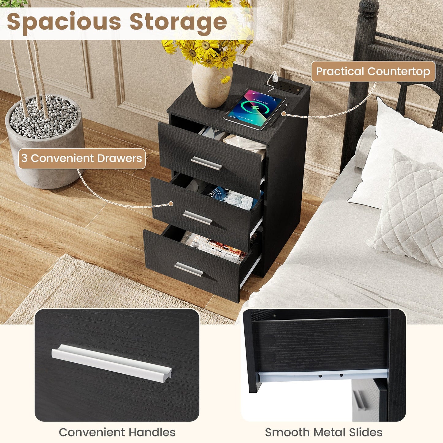 Nightstand with Charging Station & 3 Drawers