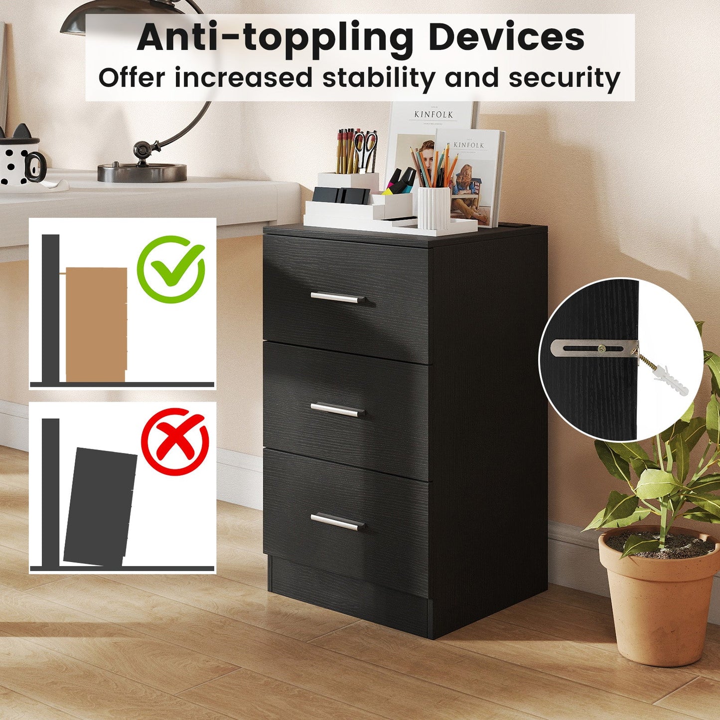 Nightstand with Charging Station & 3 Drawers