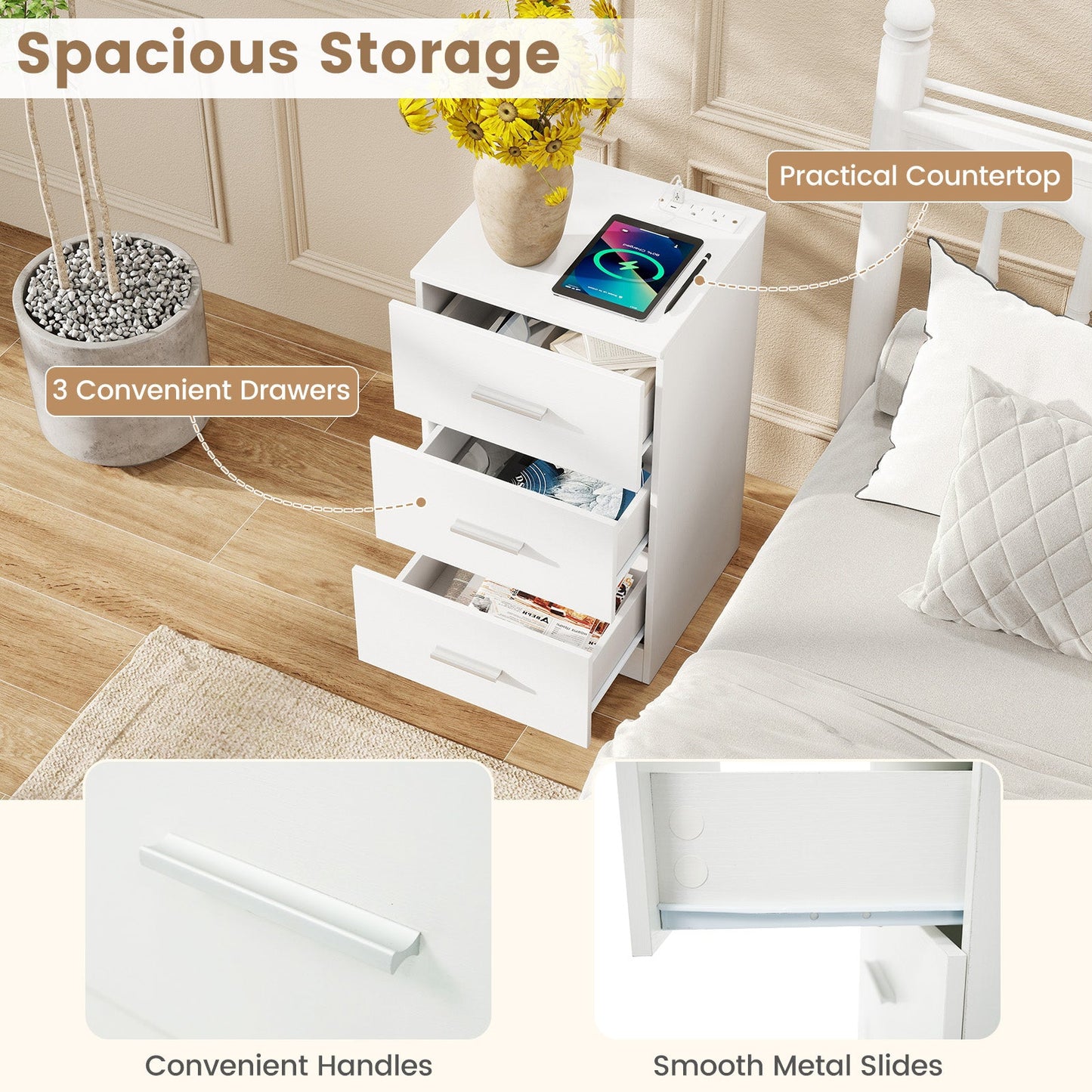 Nightstand with Charging Station & 3 Drawers