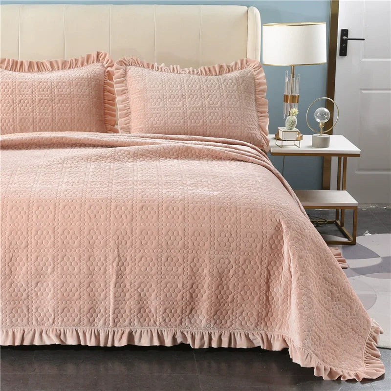 Three-Piece Bed Cover, Quilted,  One Side Velvet One Side Pure Cotton