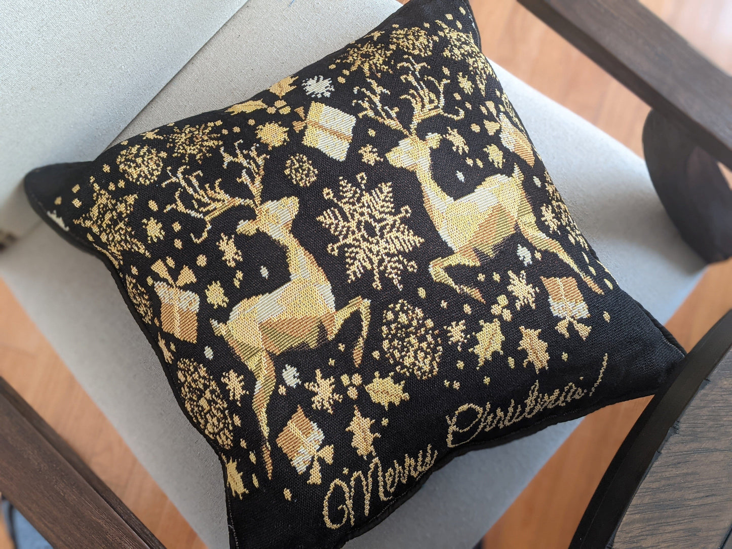 Golden Reindeer Woven Tapestry Throw Pillow Covers 16" x 16"