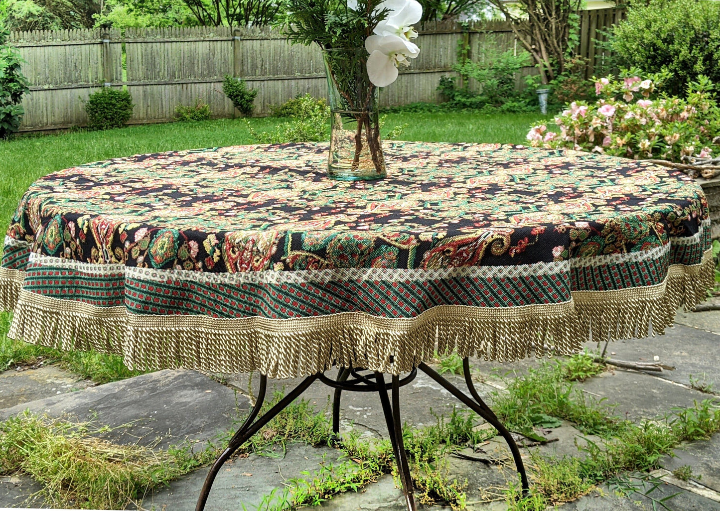 Black Ornate Paisley Woven Tapestry Tablecloth