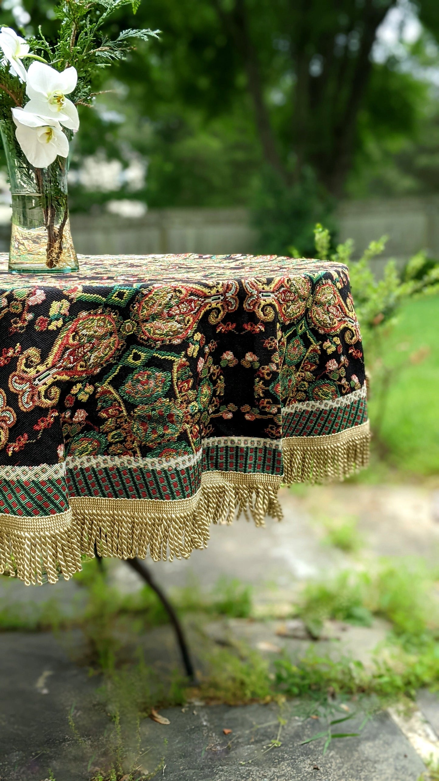 Black Ornate Paisley Woven Tapestry Tablecloth