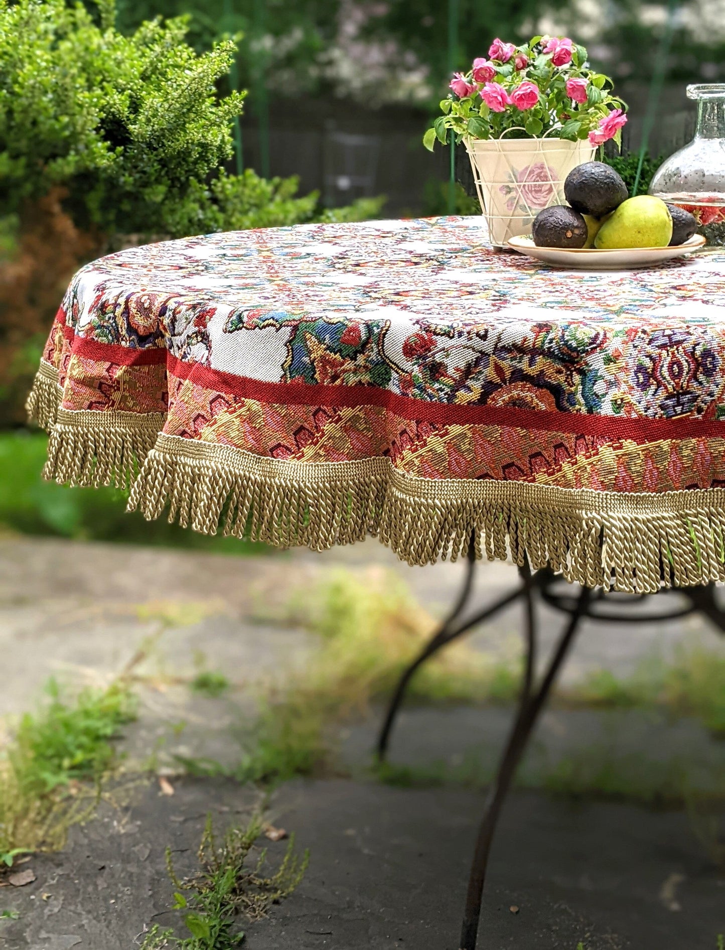 Ivory Colorful Ornate Paisley Woven Tablecloth