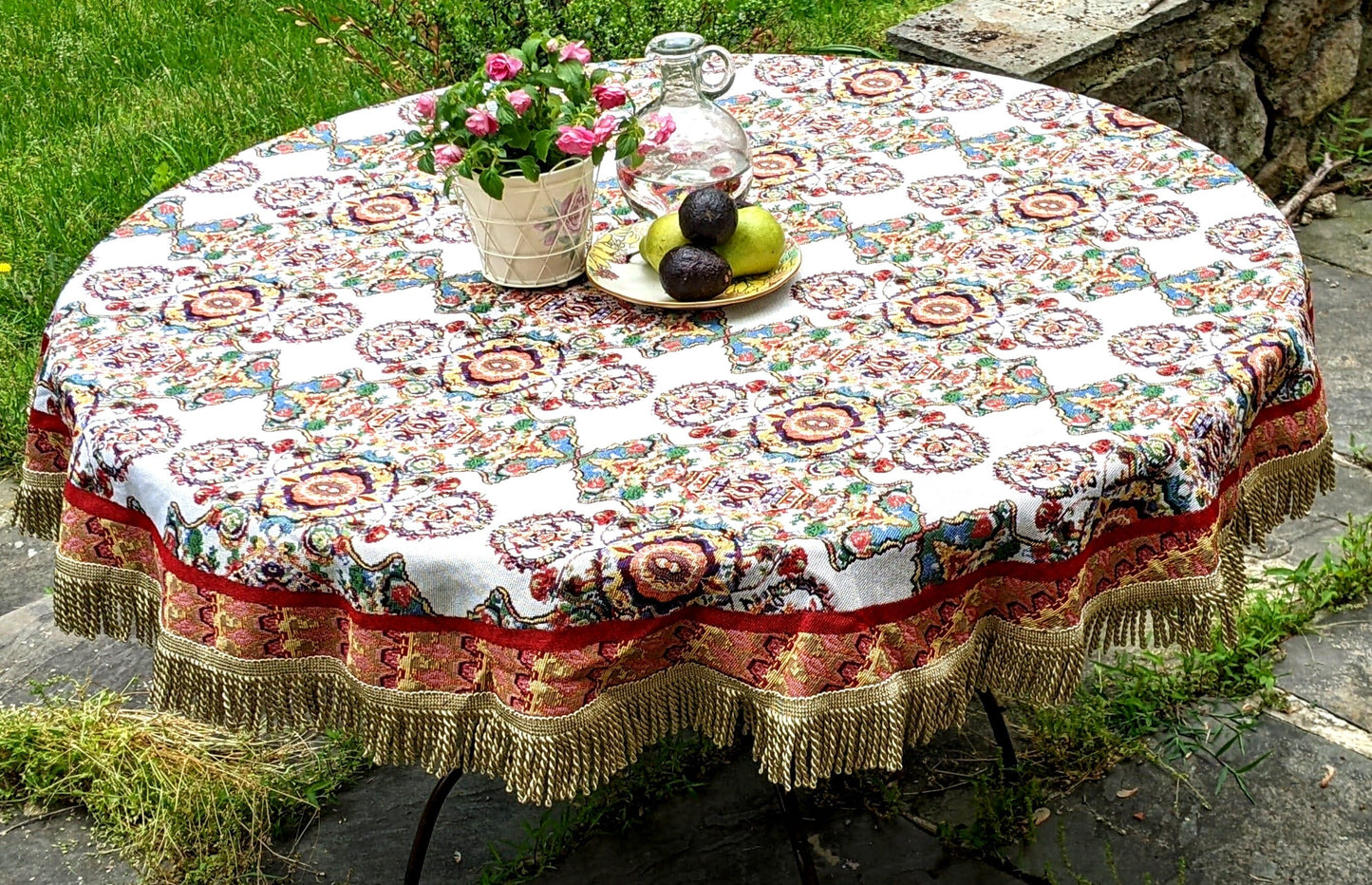 Ivory Colorful Ornate Paisley Woven Tablecloth