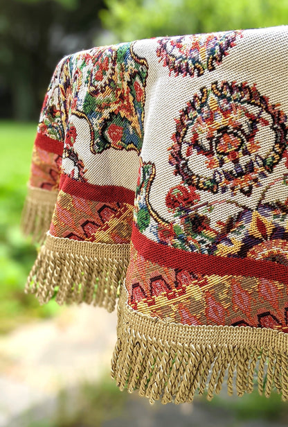 Ivory Colorful Ornate Paisley Woven Tablecloth