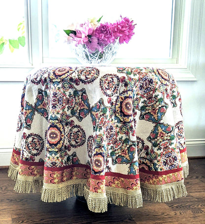 Ivory Colorful Ornate Paisley Woven Tablecloth