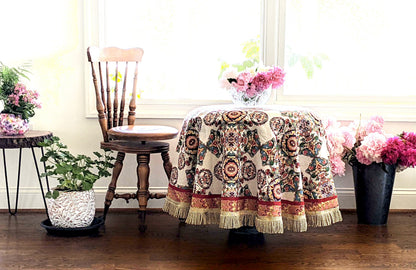 Ivory Colorful Ornate Paisley Woven Tablecloth