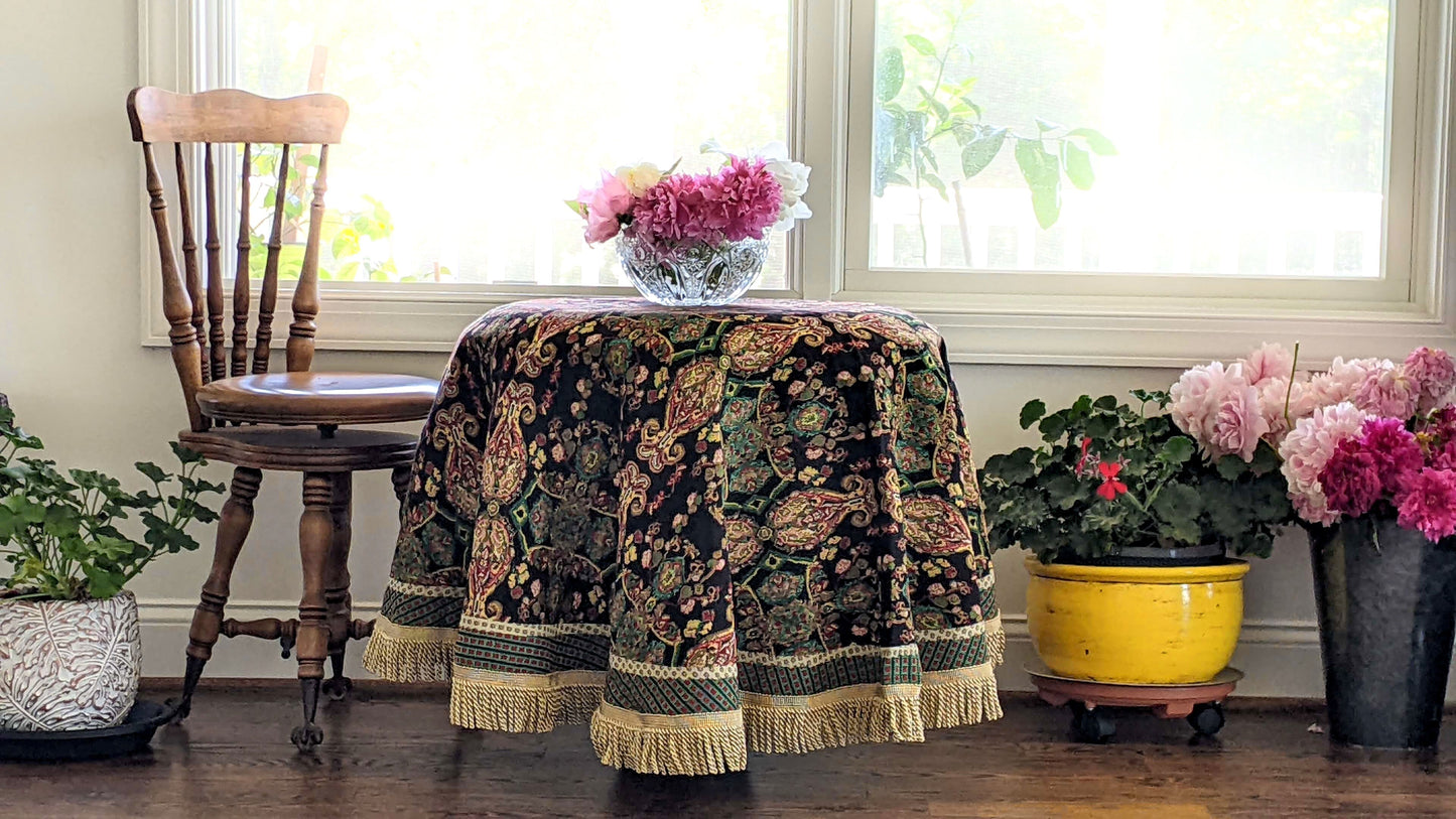 Black Ornate Paisley Woven Tapestry Tablecloth
