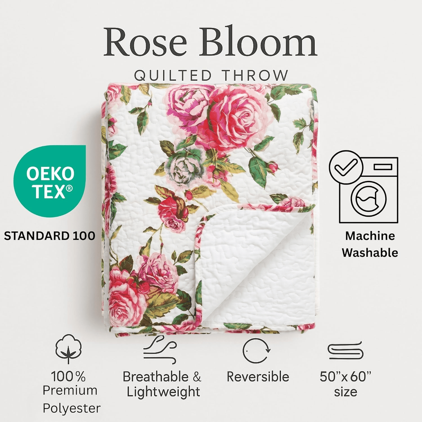 Roses Floral, quilted Throw Blanket - 50 x 60"