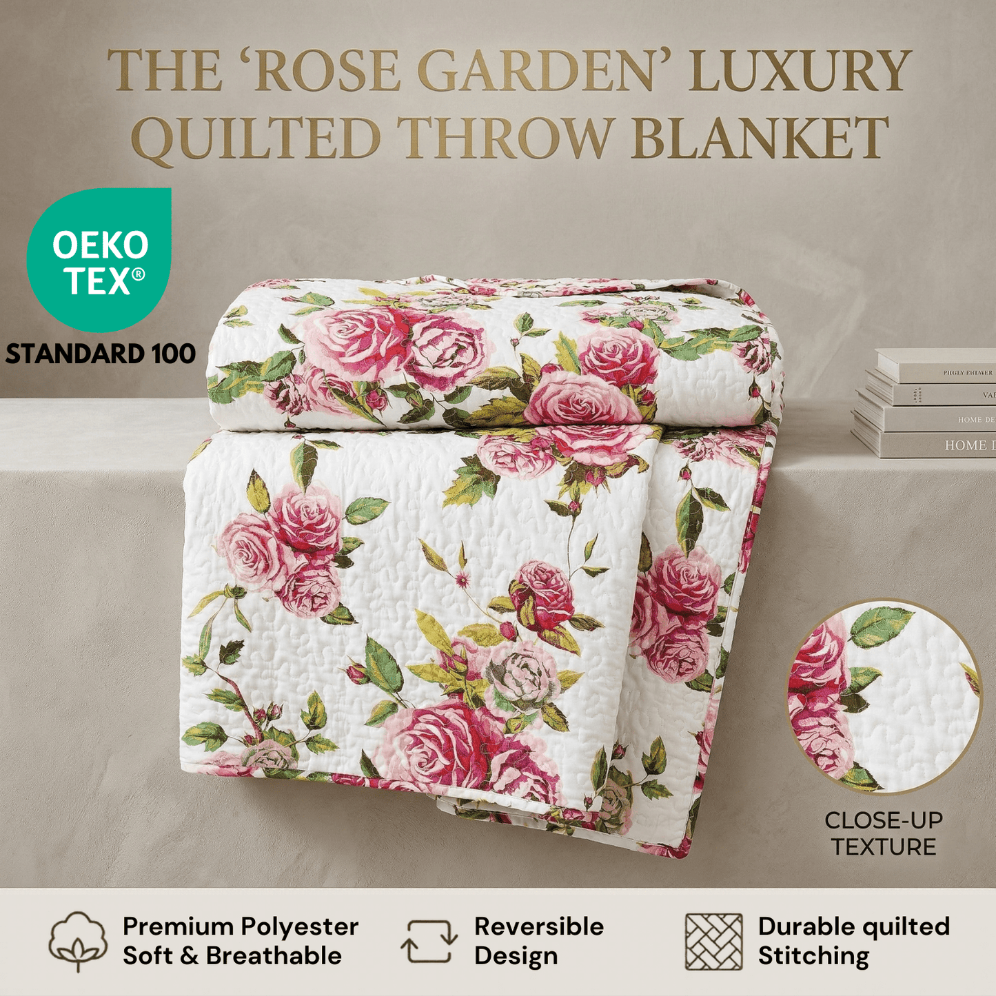 Roses Floral, quilted Throw Blanket - 50 x 60"