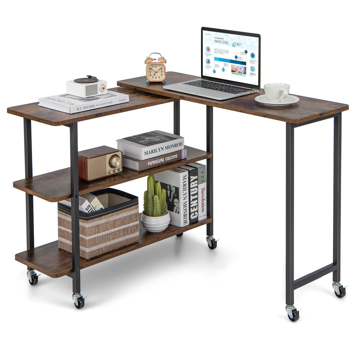 Rotating Sofa Side Table w/2-Tier Shelves