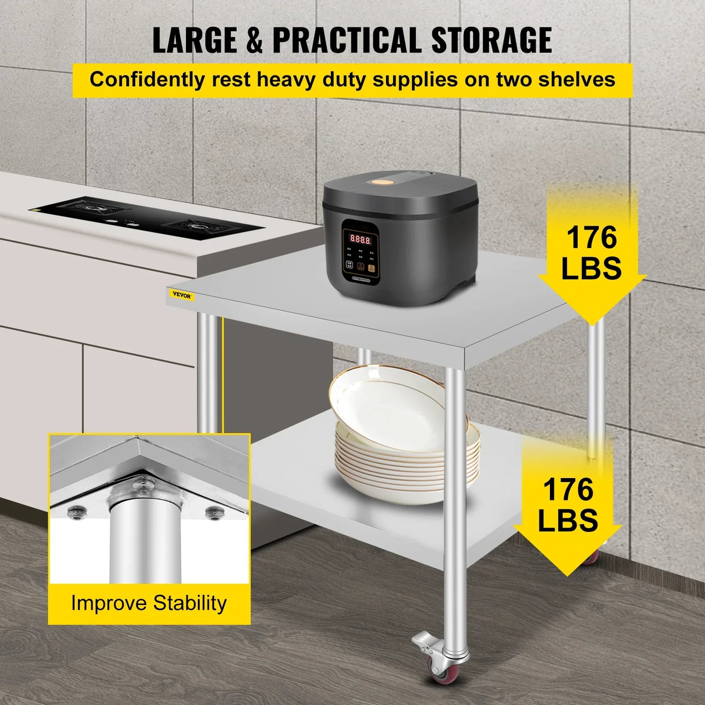 Stainless Steel Kitchen Prep Table With 4 Wheels & Backsplash