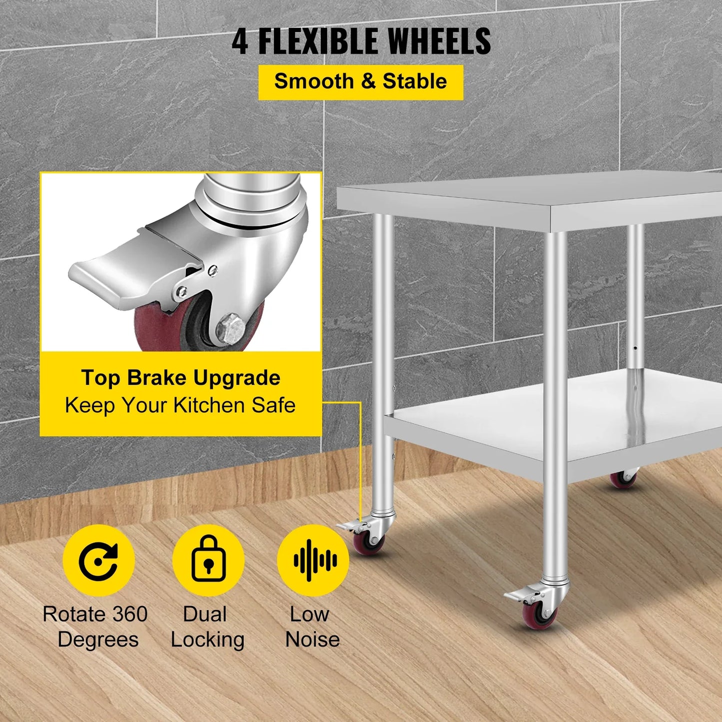 Stainless Steel Kitchen Prep Table With 4 Wheels & Backsplash