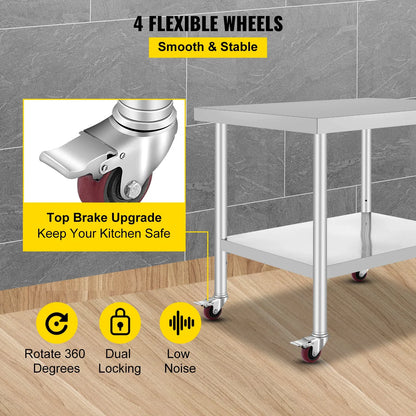Stainless Steel Kitchen Prep Table With 4 Wheels & Backsplash
