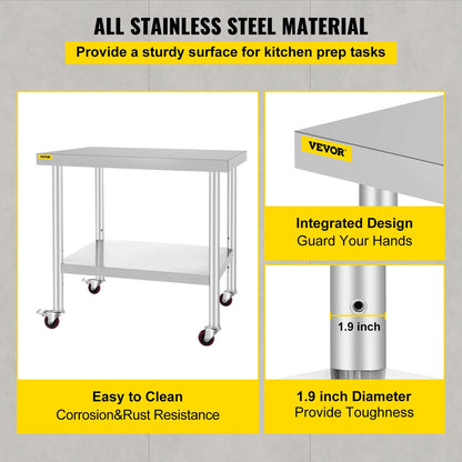 Stainless Steel Kitchen Prep Table With 4 Wheels & Backsplash