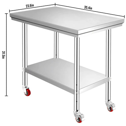 Stainless Steel Kitchen Prep Table With 4 Wheels & Backsplash