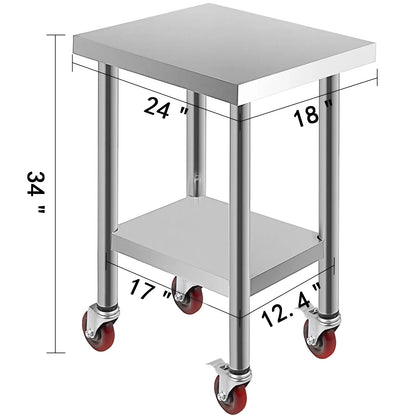 Stainless Steel Kitchen Prep Table With 4 Wheels & Backsplash