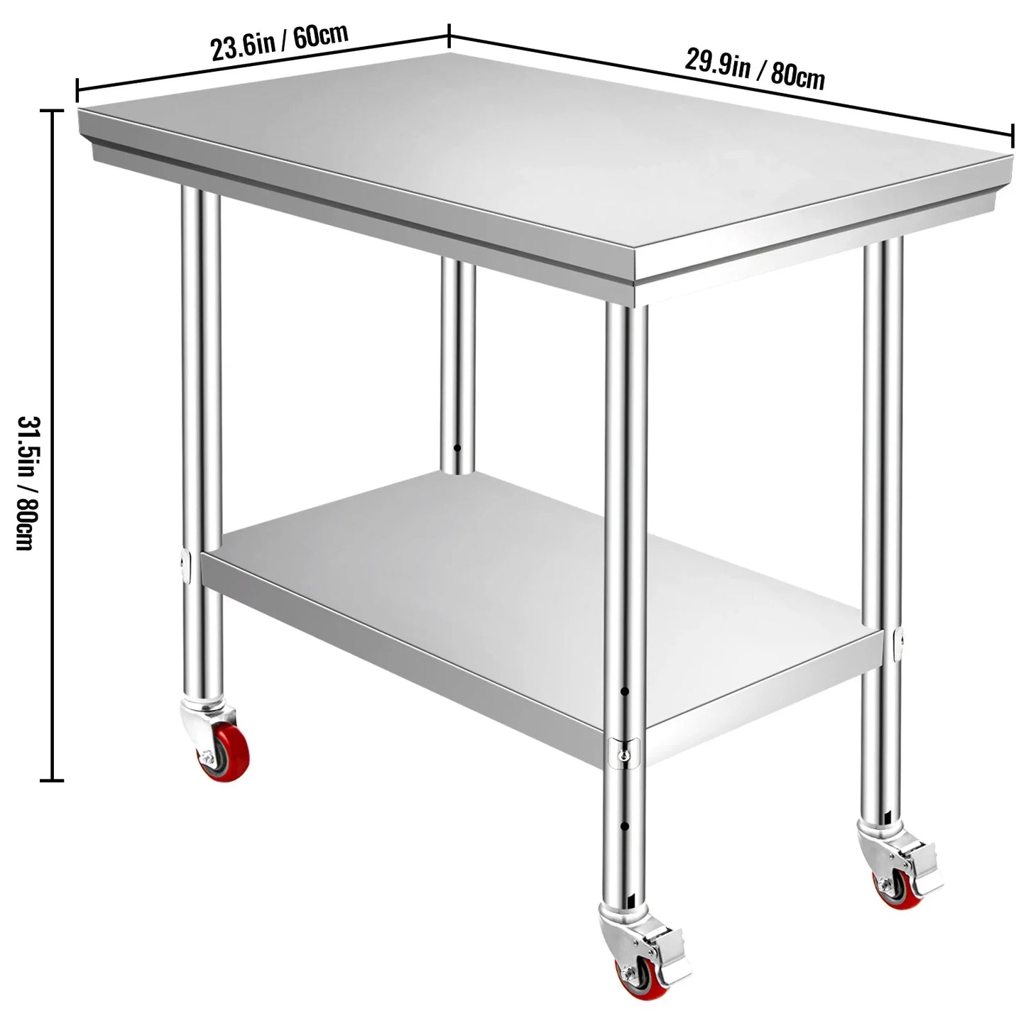 Stainless Steel Kitchen Prep Table With 4 Wheels & Backsplash