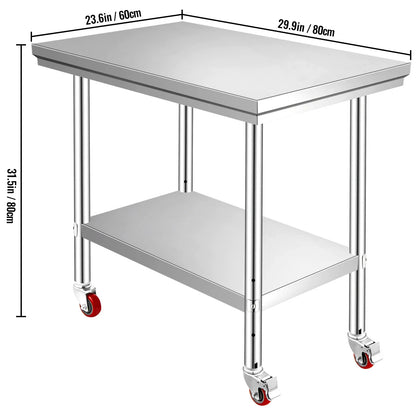 Stainless Steel Kitchen Prep Table With 4 Wheels & Backsplash