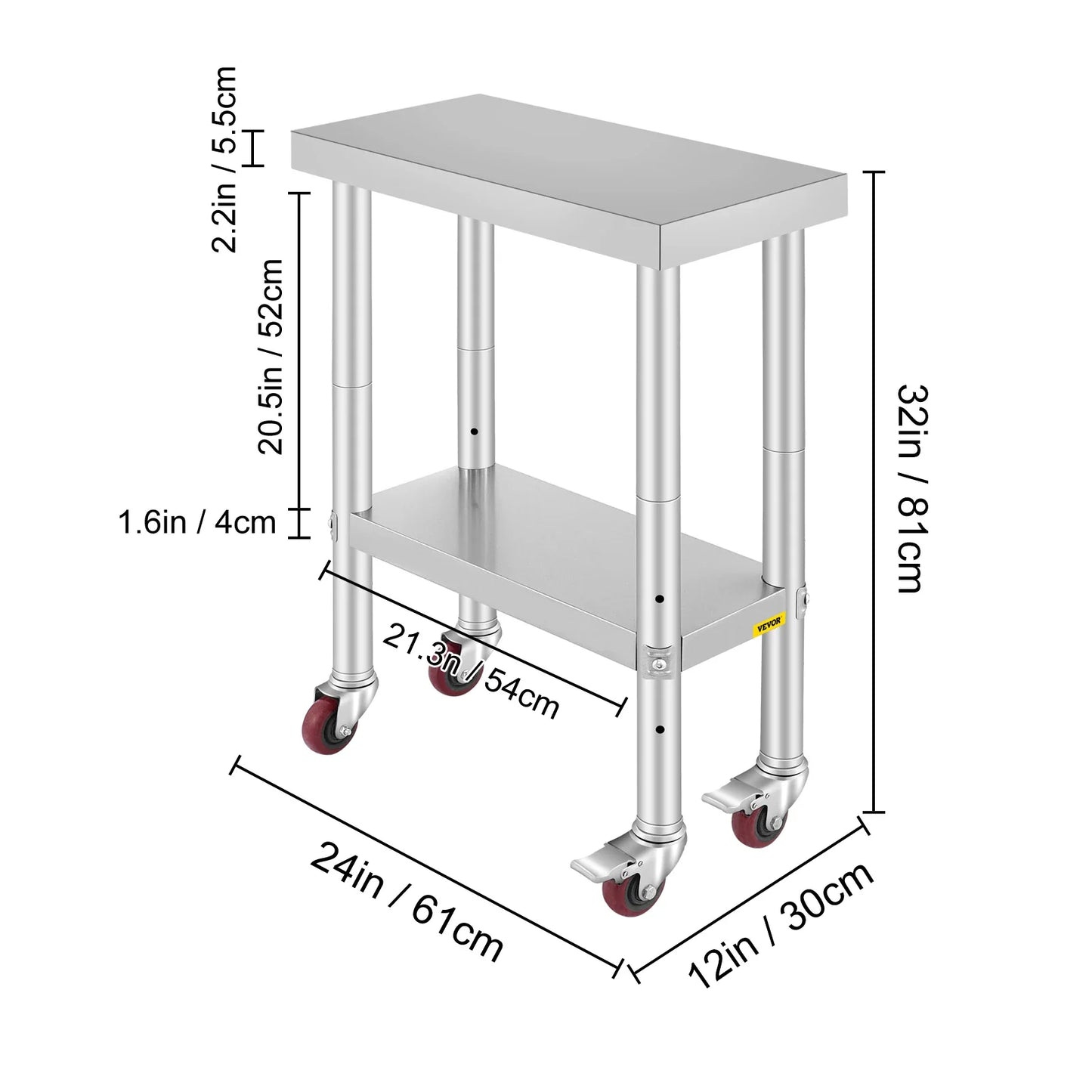 Stainless Steel Kitchen Prep Table With 4 Wheels & Backsplash