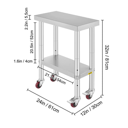 Stainless Steel Kitchen Prep Table With 4 Wheels & Backsplash