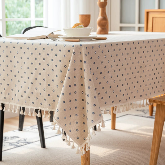 Cotton/Linen Tablecloth with Tassel,Washable Table Cover