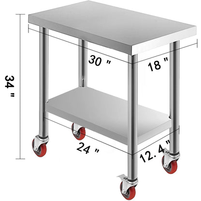Stainless Steel Kitchen Prep Table With 4 Wheels & Backsplash