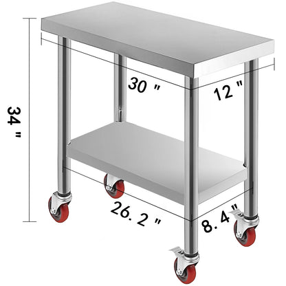 Stainless Steel Kitchen Prep Table With 4 Wheels & Backsplash