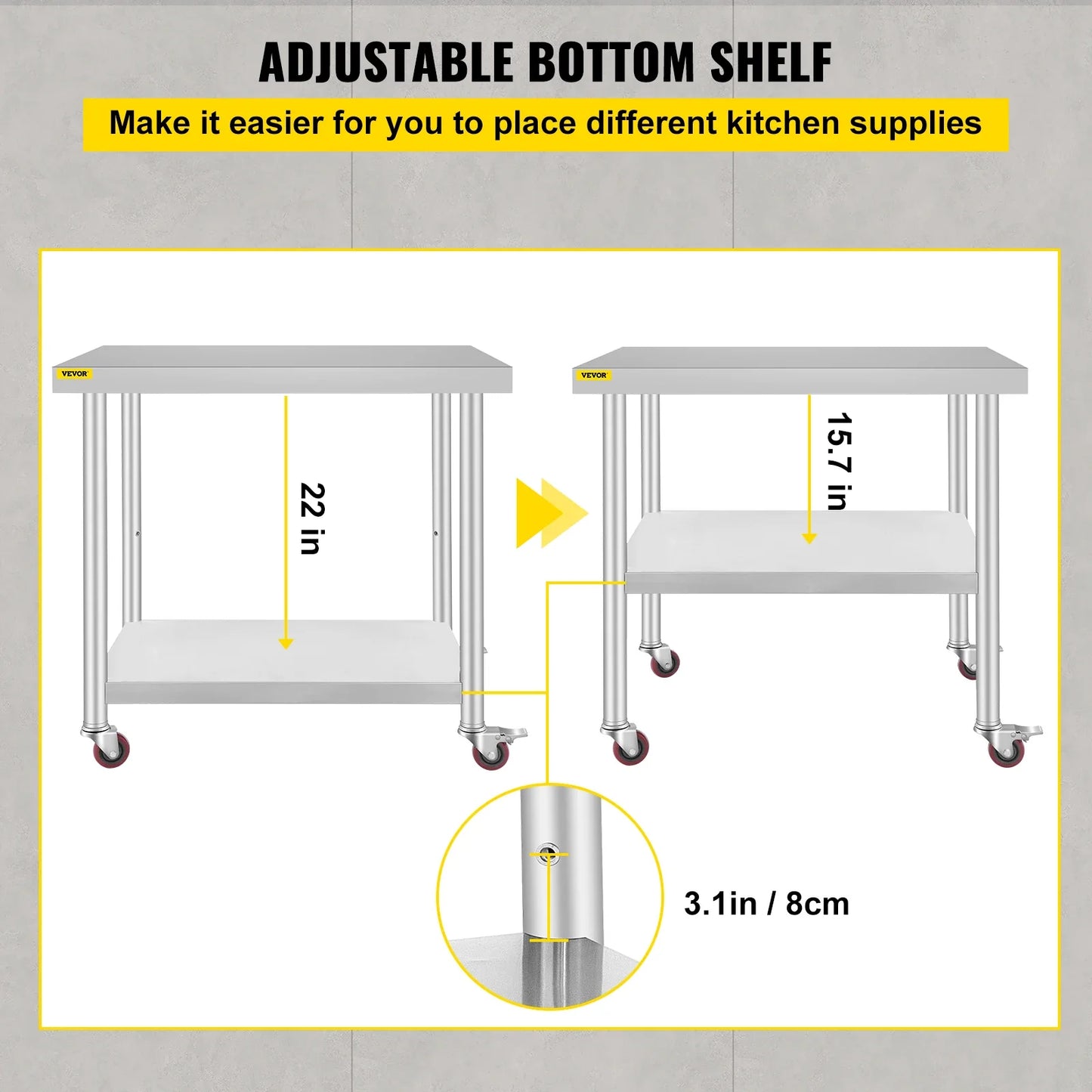 Stainless Steel Kitchen Prep Table With 4 Wheels & Backsplash