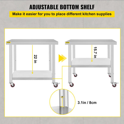 Stainless Steel Kitchen Prep Table With 4 Wheels & Backsplash