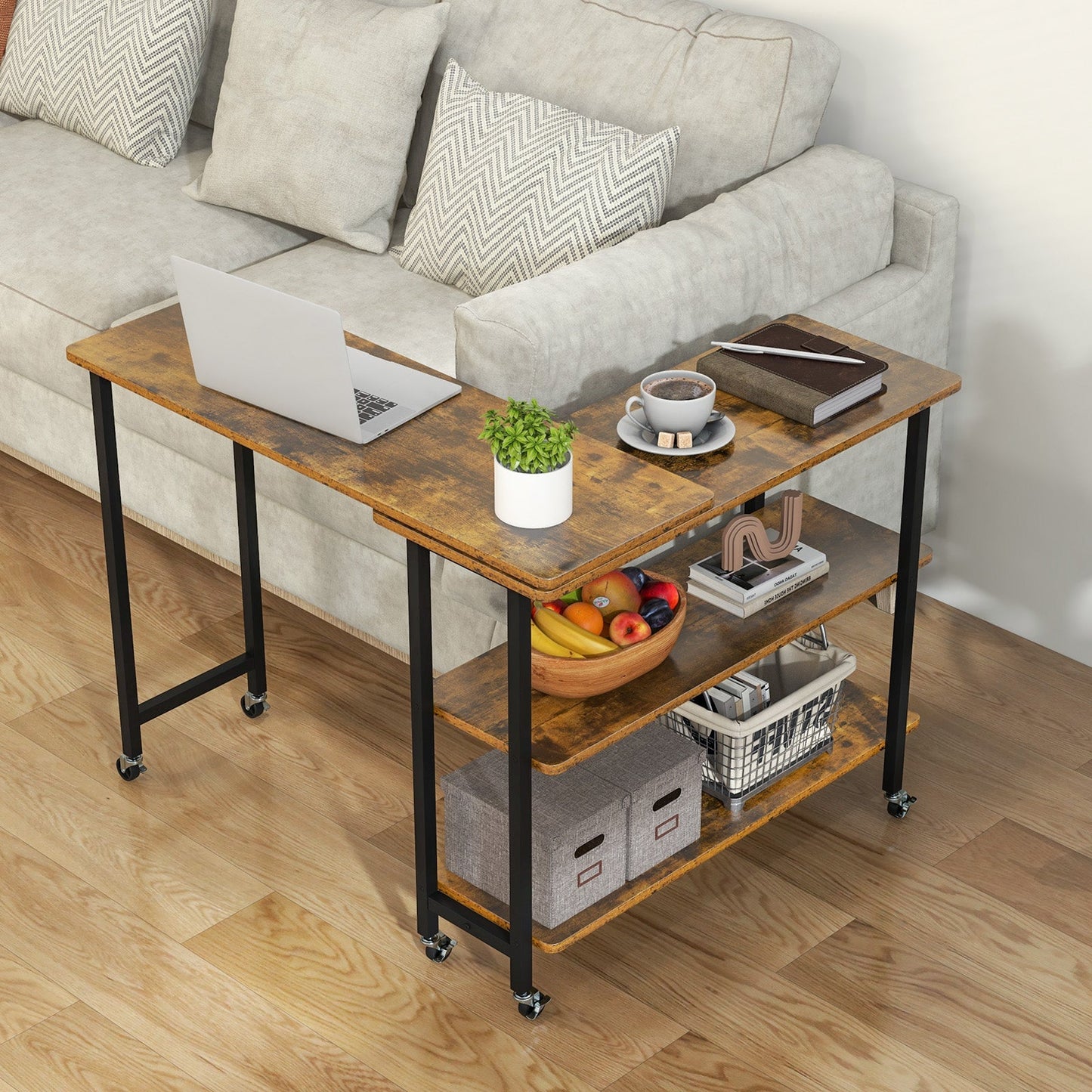 Rotating Sofa Side Table w/2-Tier Shelves