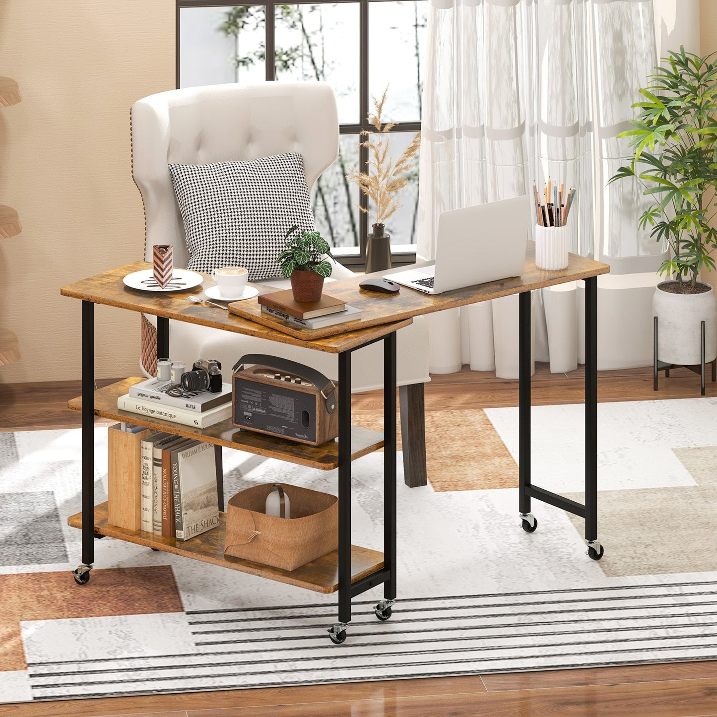 Rotating Sofa Side Table w/2-Tier Shelves