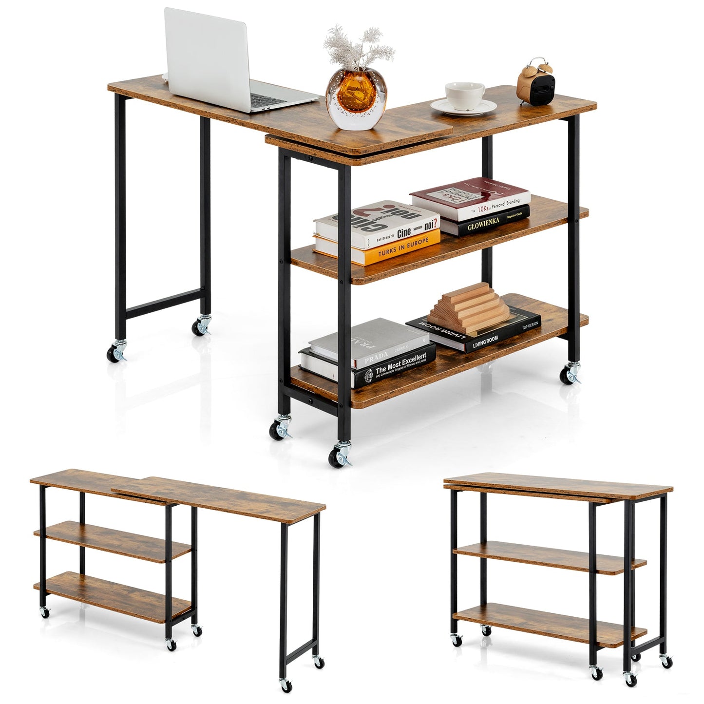 Rotating Sofa Side Table w/2-Tier Shelves