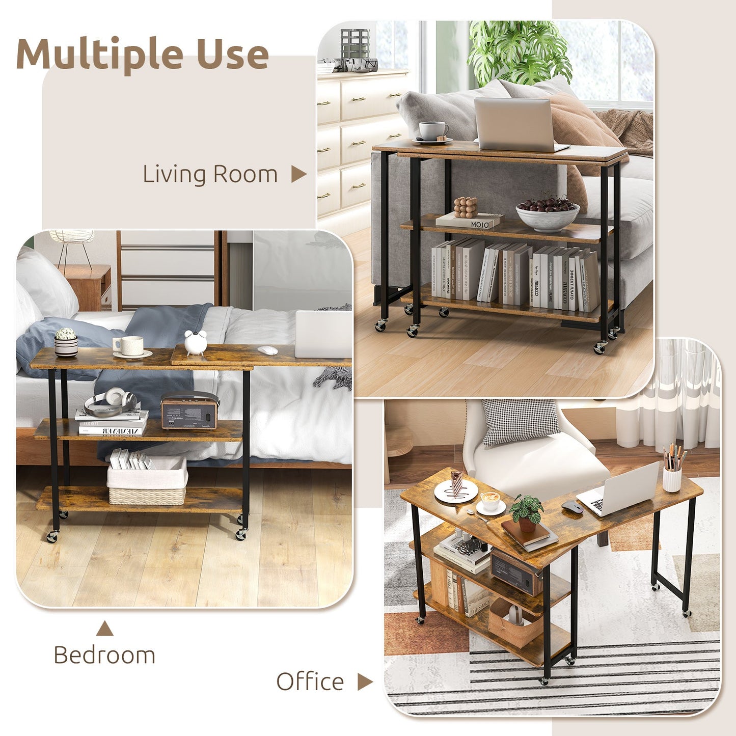 Rotating Sofa Side Table w/2-Tier Shelves