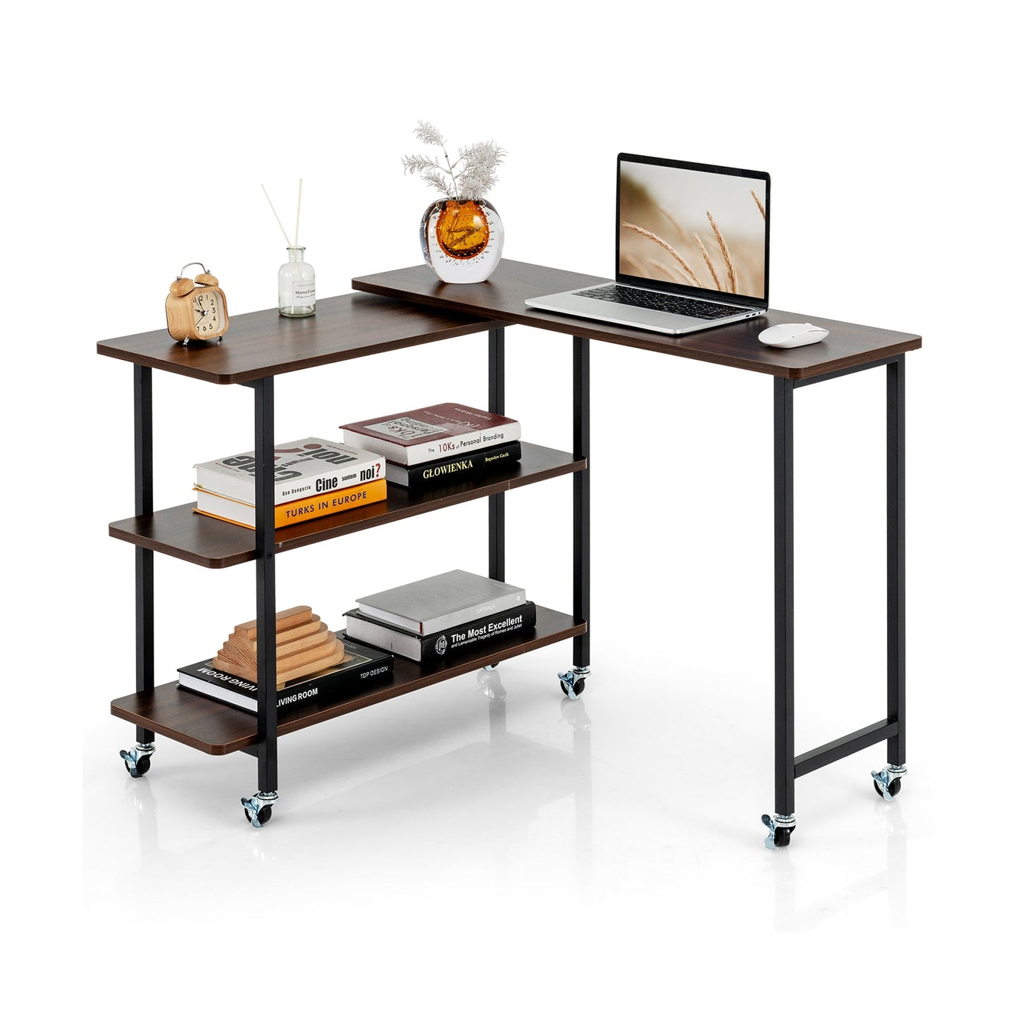 Rotating Sofa Side Table w/2-Tier Shelves
