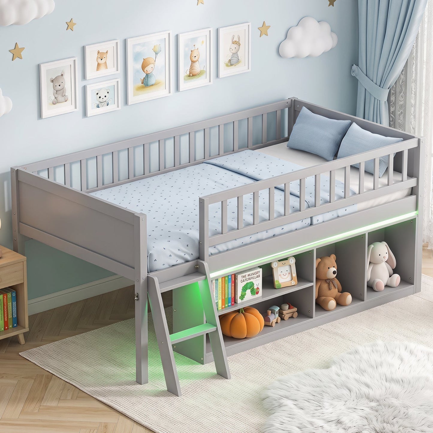 Twin Loft Bed with LED Lights & Bookshelf for Kids