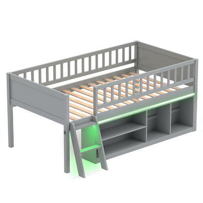 Twin Loft Bed with LED Lights & Bookshelf for Kids