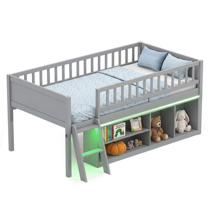 Twin Loft Bed with LED Lights & Bookshelf for Kids