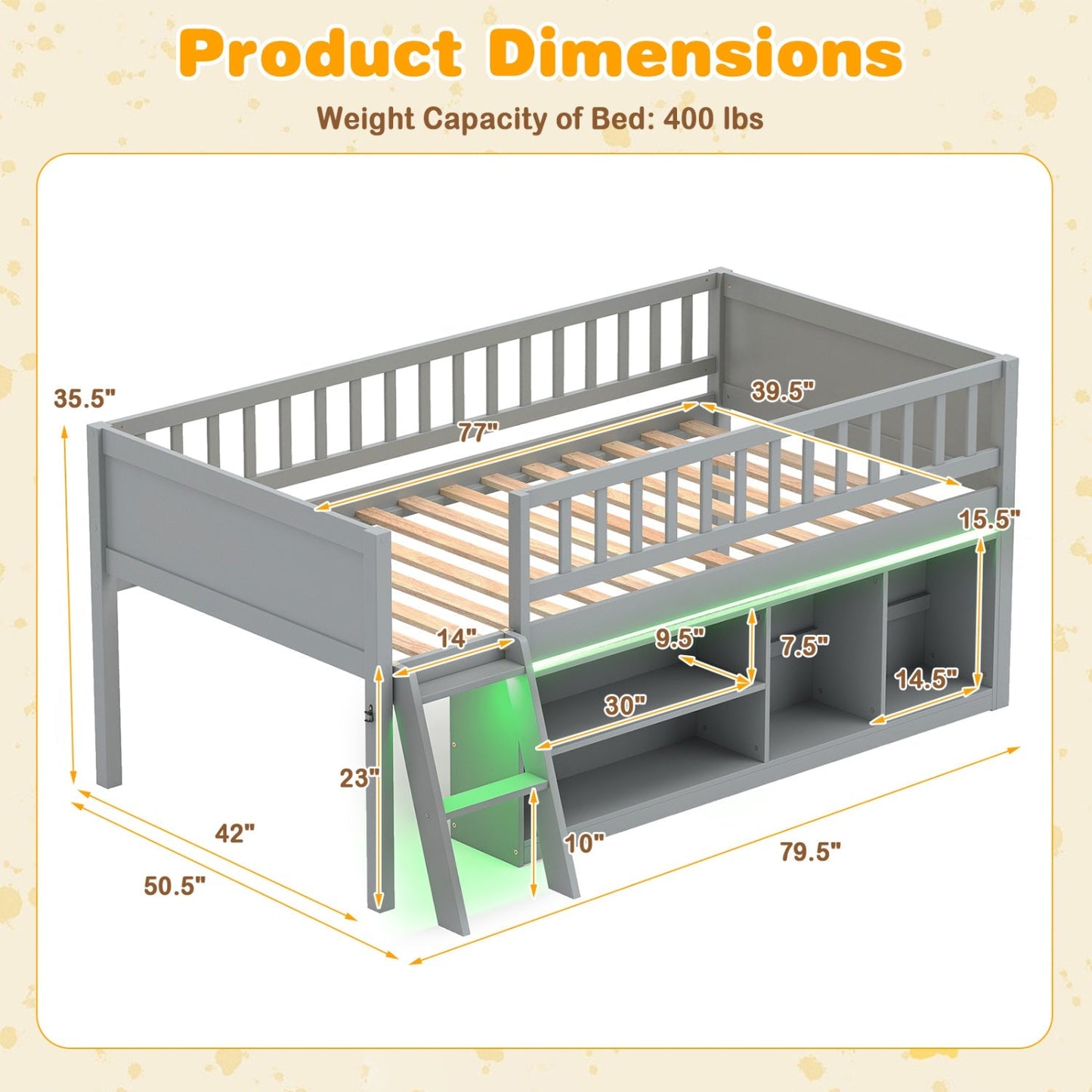 Twin Loft Bed with LED Lights & Bookshelf for Kids