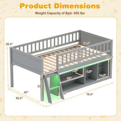 Twin Loft Bed with LED Lights & Bookshelf for Kids