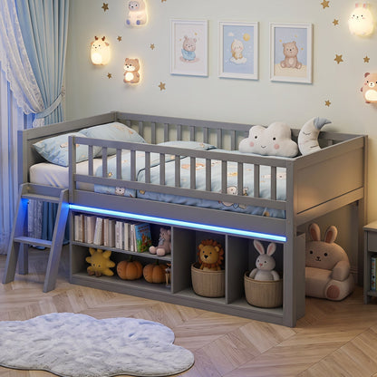 Twin Loft Bed with LED Lights & Bookshelf for Kids