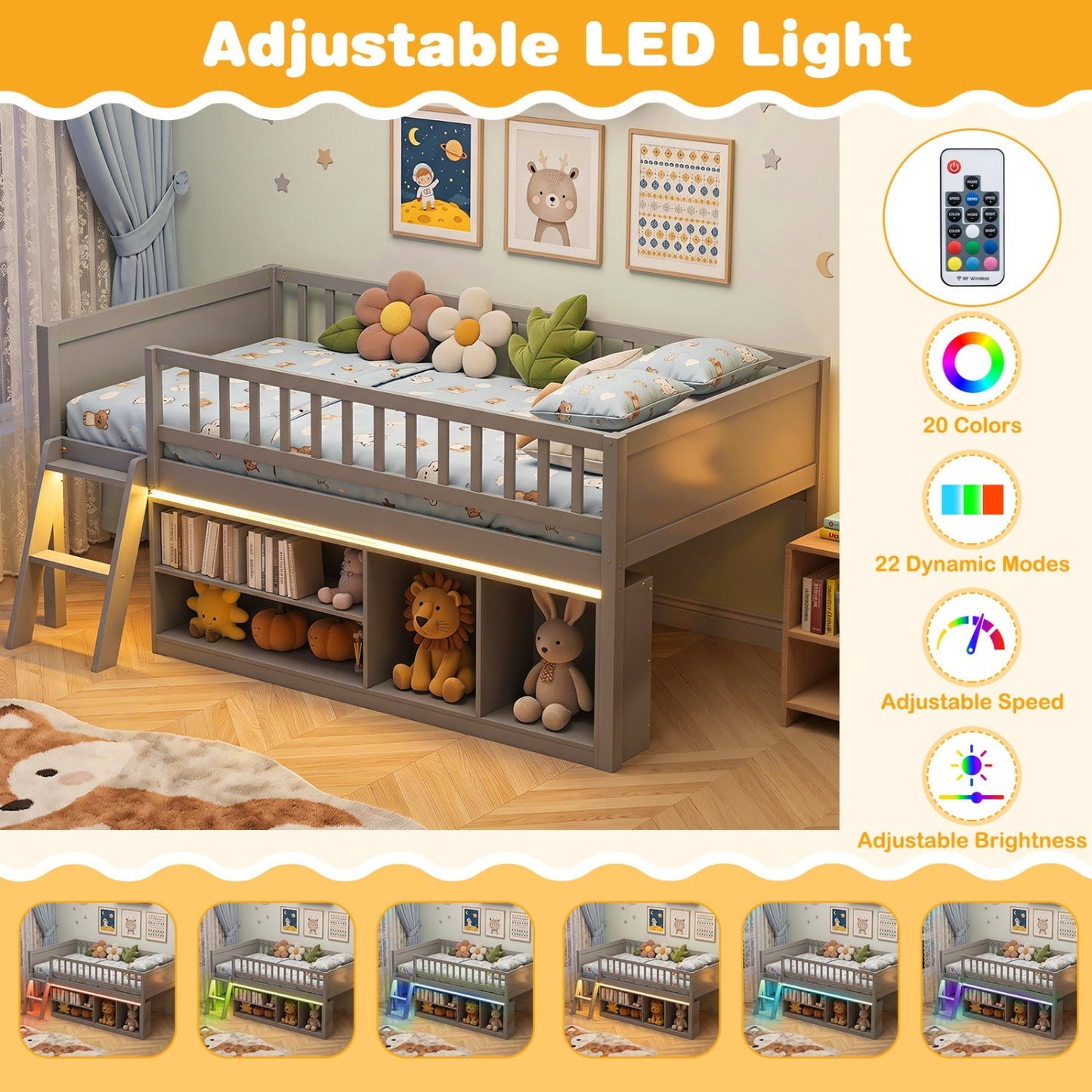 Twin Loft Bed with LED Lights & Bookshelf for Kids